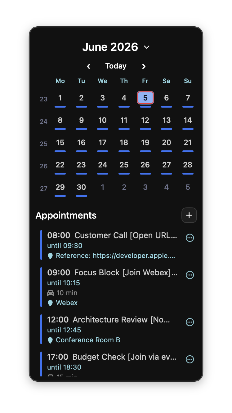 Calendar month popup