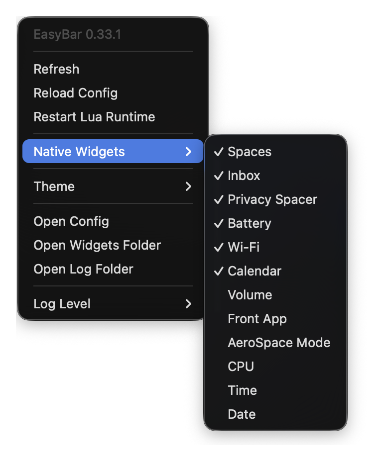 Native Widgets menu with enabled built-ins