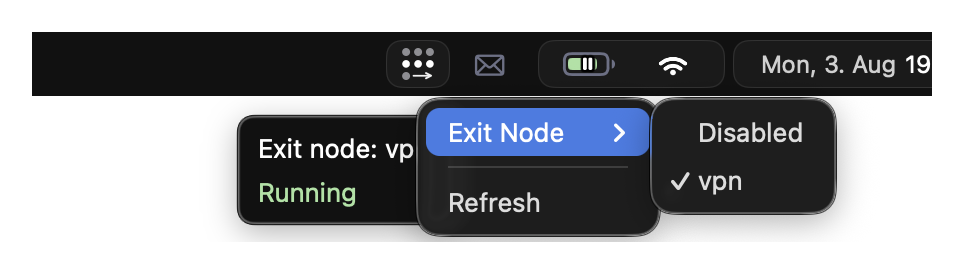 Tailscale widget connected with an exit node selected